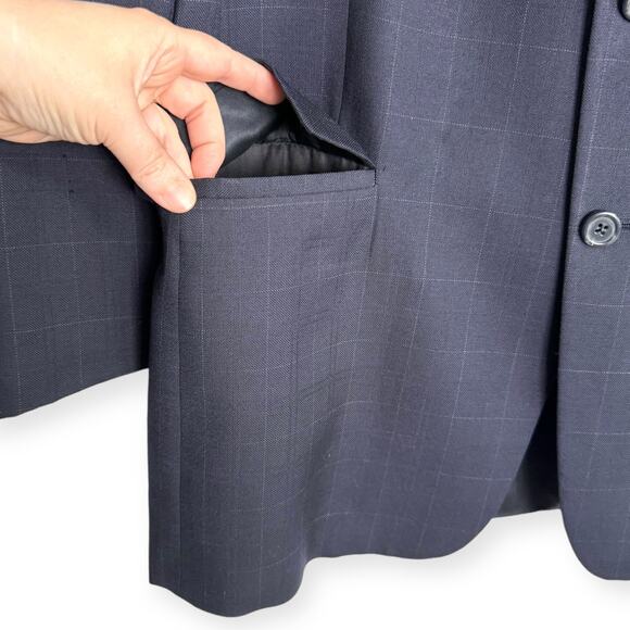 Tommy Hilfiger 100% Wool Navy Blue Windowpane Plaid Three Button Blazer Mens 42R - Picture 6 of 12